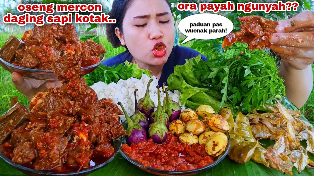 EMPUK PEDAS MERESAP⁉️ OSENG DAGING SAPI IKAN ASIN KRIUK  LALAPAN JENGKOL MENTAH TERONG DAUN KENIKIR