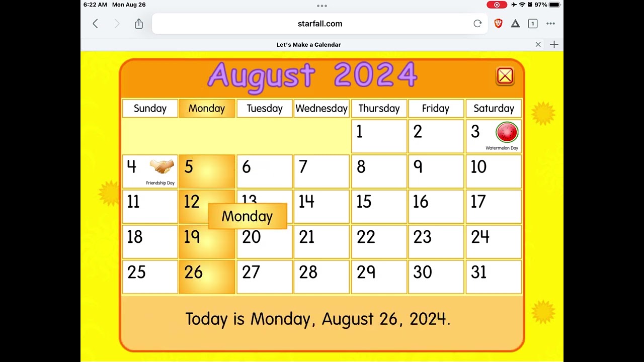 Starfall Daily Calendar - August 26, 2024 - YouTube