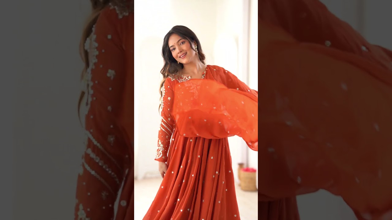 Orange Embroidered Suit – Anarkali with Pant & Dupatta