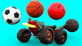 Lerne Sportarten mit einer Echse: Fußball, Basketball, Bowling Lernen für Kinder mit Fahrzeugen