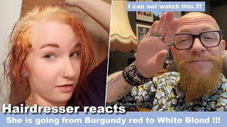 She goes from Burgundy Red to White Hair !!! Hairdresser reacts to Hair Fails #hair #beauty