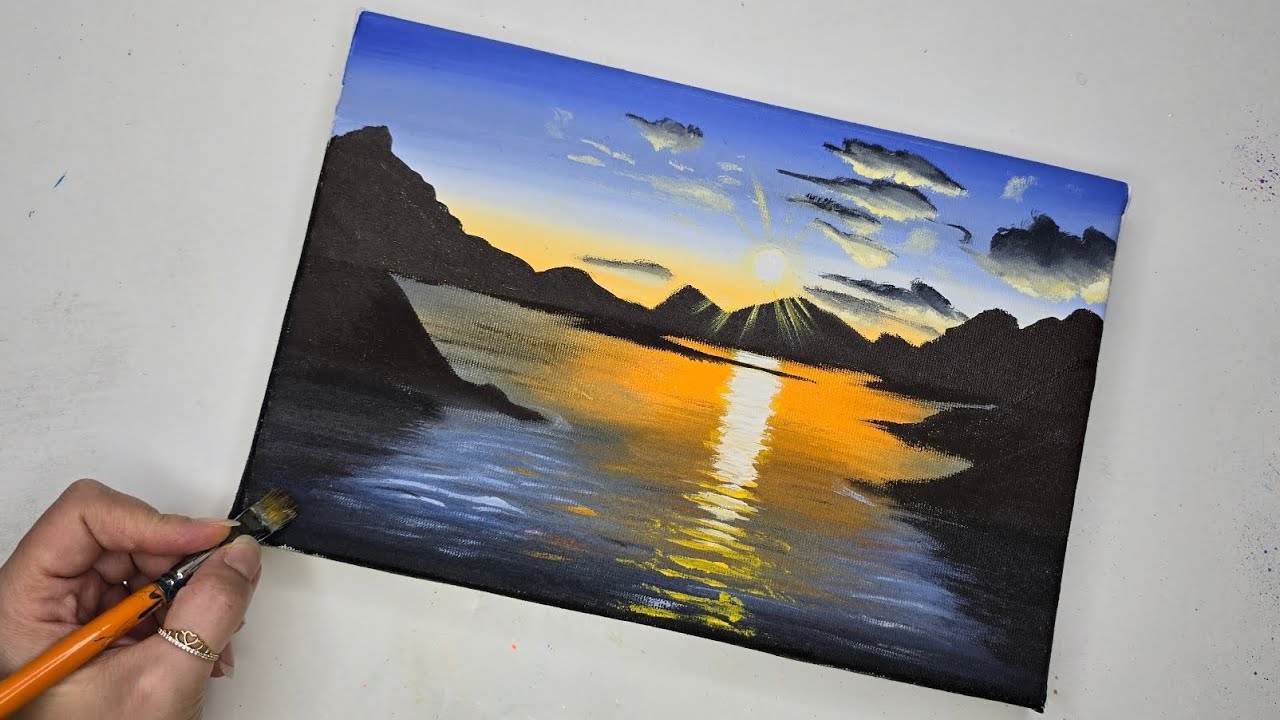 Sunset mountain lake painting/acrylic painting 