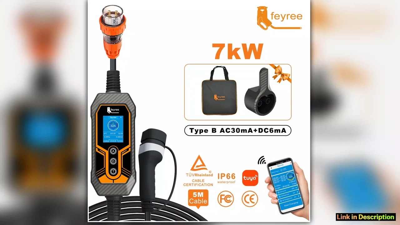 feyree Portable EV Charger Type2 32A 7KW with AU Plug Power Supply Side Smart WiFi APP Adjust