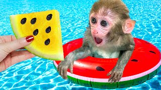 Monkey Baby Bon Bon eats yellow watermelon with ducklings and goes shark fishing in the garden