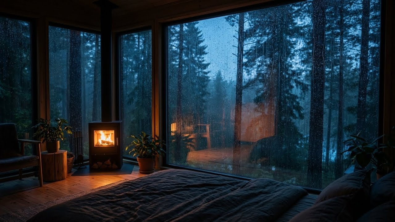 Pure Stillness: Rain on Window in Modern Glass Cabin with Fireplace for Mental Peace 🌧️