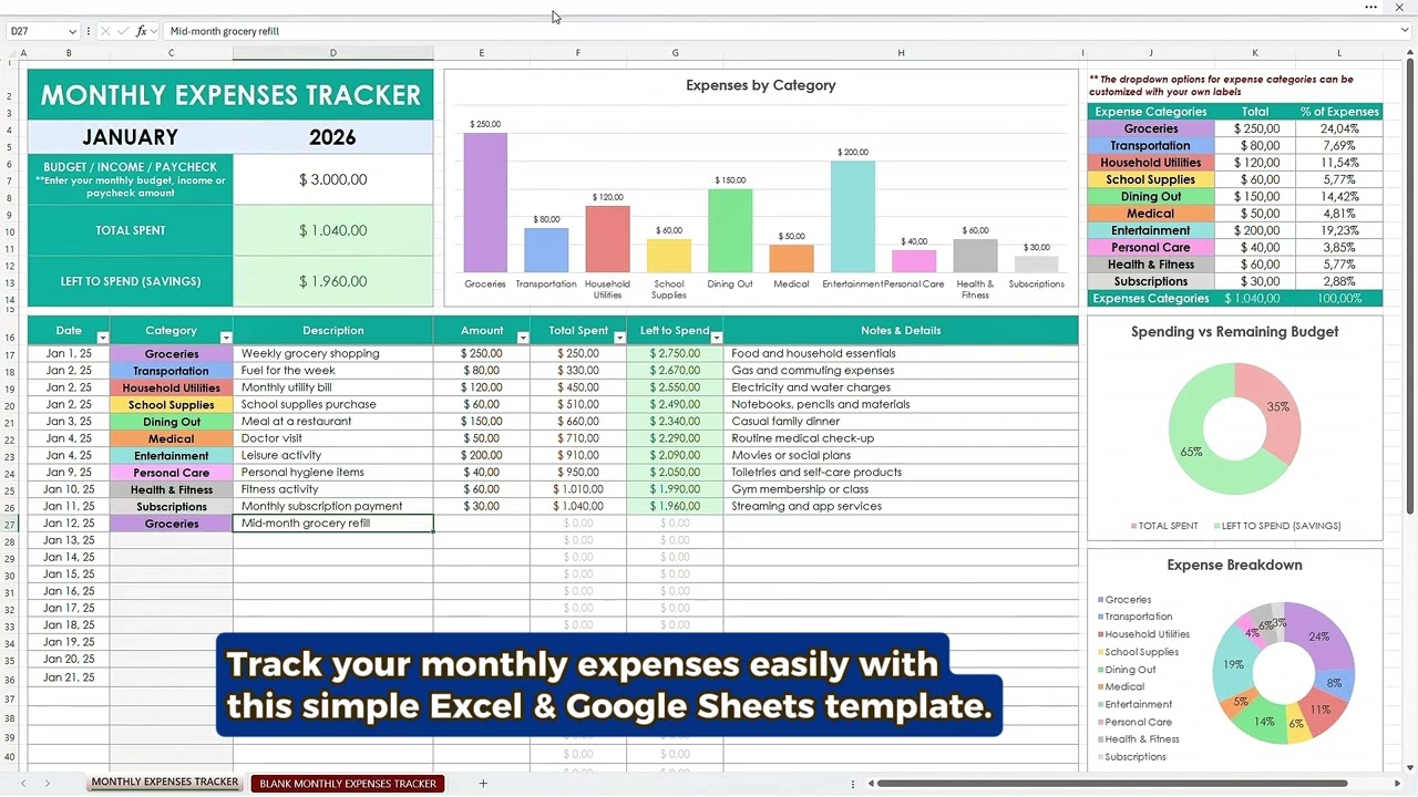 Monthly Expenses Tracker Excel & Google Sheets | Custom Categories Budget Template 2026+