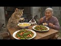 おばあちゃんと仲間にご飯を作る猫|Cat making food for grandma and her friends.