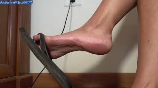 MT Black Flipflops Pink Toenails Feet and Soles Show POV Dangling Flipflops