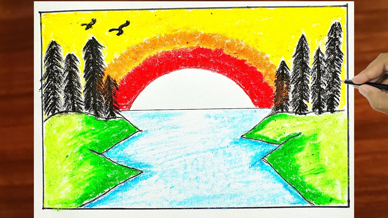 Beautiful sunset scenery drawing | How to draw a sunset scenery step by ...