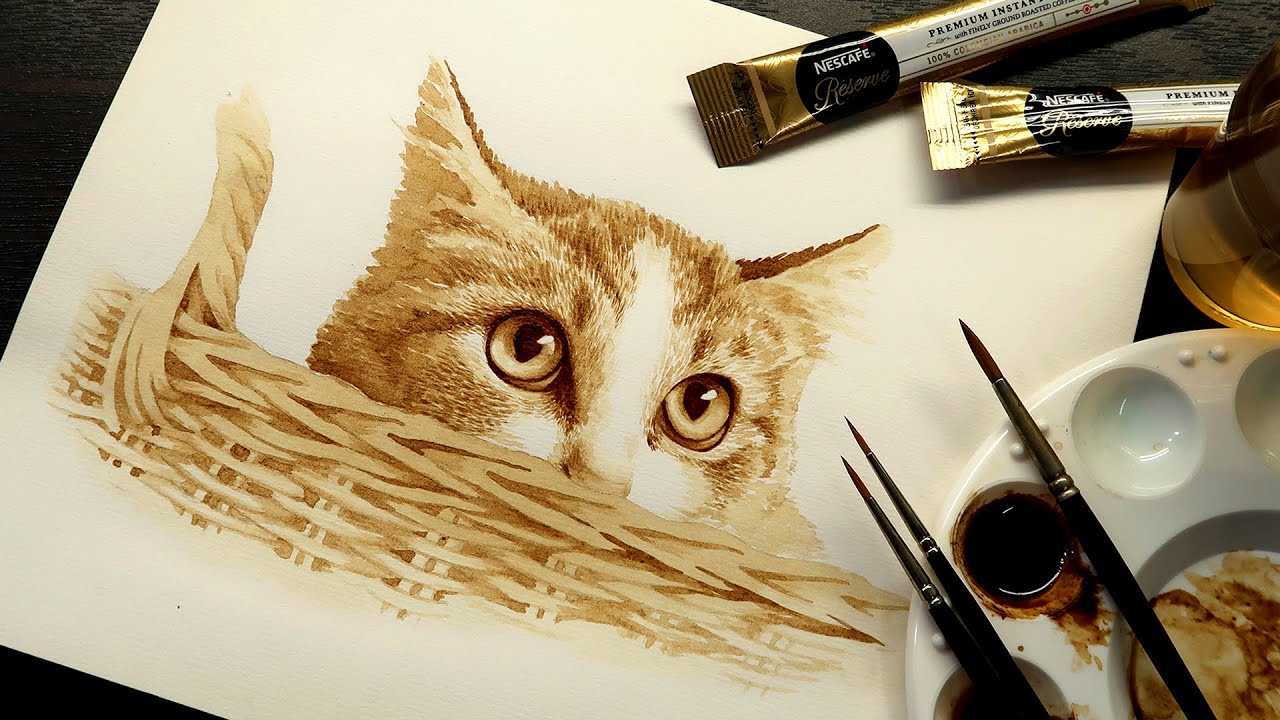 How to Draw a Cat with Coffee | Coffee Painting Tutorial - YouTube