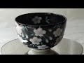 清水焼　若葉 作　黒釉　桜　抹茶碗  　回してみました