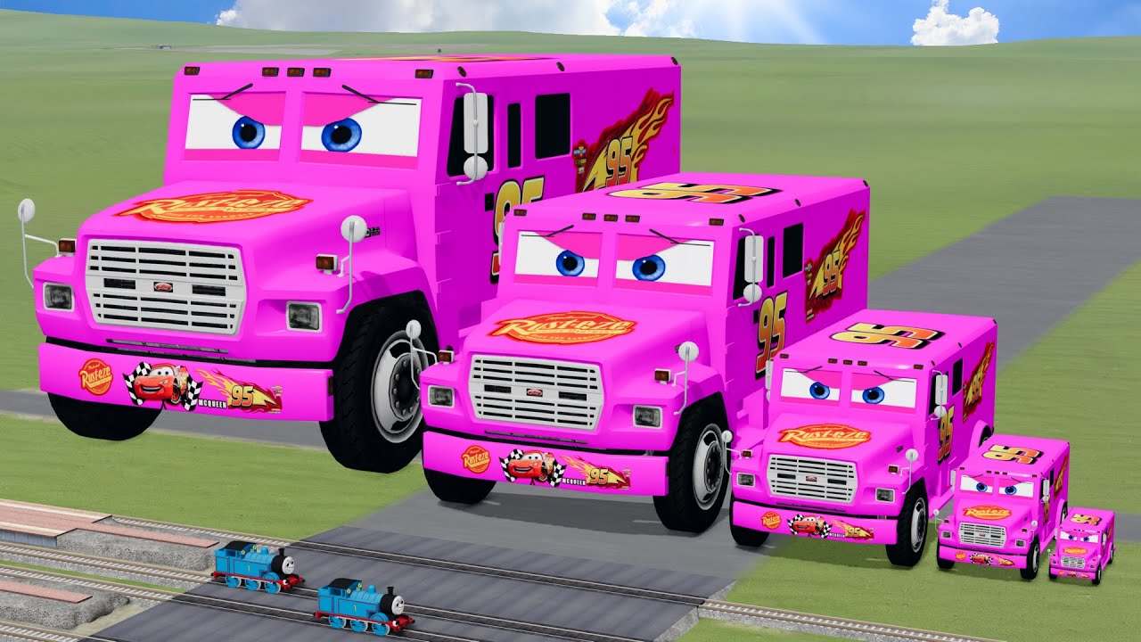 Big & Small Pink Bank Trucks Lightning McQueen VS Train Thomas | BeamNG.drive