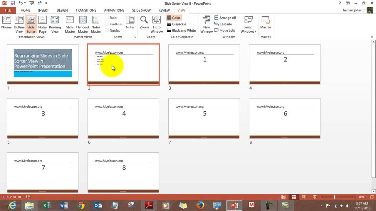 state 2 uses of slide sorter view in presentation software