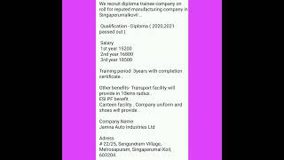 All Over Tamil Nadu -Jamna Auto Industries Ltd -Diploma Candidates Wanted 2020,2021 Passed Out