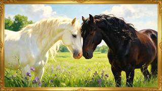 Two Horses in a Sunny Meadow | Peaceful 4K TV Art | Vintage Gold Tv Frame screenshot 2