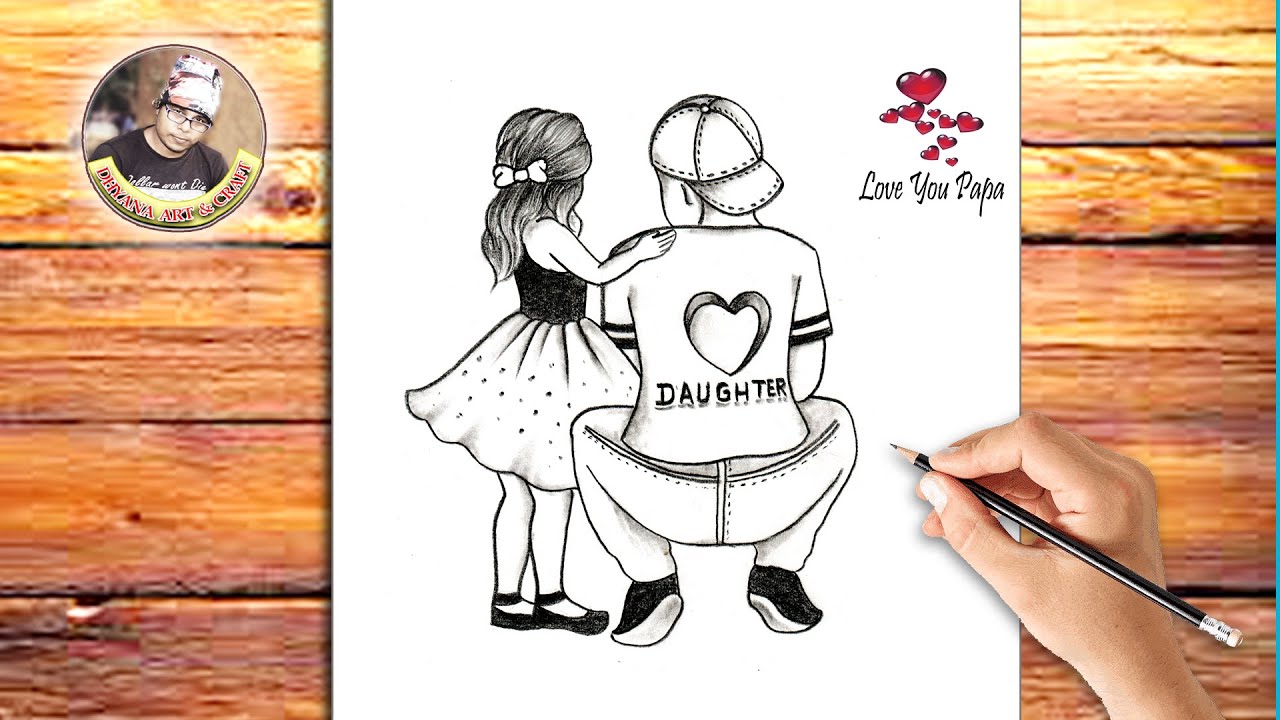 Father's day special drawing || Easy way to draw Father and Daughter - step by step