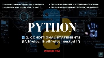 Python programming conditional Statements || Find Largest, Leap year, vowel&Consonent, Number + - 0