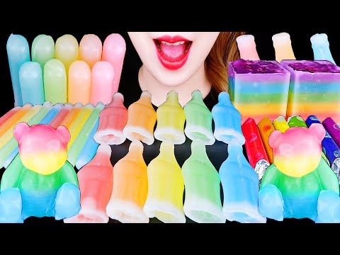 【ASMR】手作りのワックスキャンディ*クマワックスキャンディ、カップワックスキャンディ、ワックスボトルキャンディ、ワックススティックキャンディ、カメゼリー、レインボー虹ゼリーを食べる【咀嚼音】​