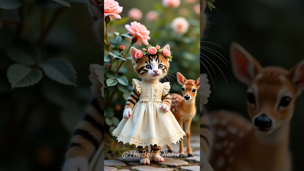 Tiny Cat Enjoys a Peaceful Garden Walk with Her Deer Friend 🌸🐾🦌