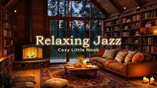 Relaxing Jazz Piano, Cozy Fireplace & Rainfall Outside for Focus & Unwind - Peaceful Cabin Retreat