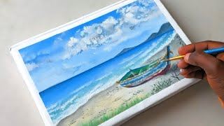 How to paint a boat along the beach coast /Sea scape painting for beginners. #DailyChallenge_03