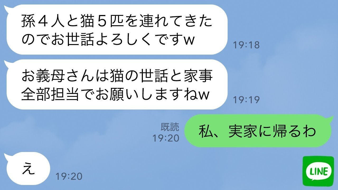 【LINE】長男夫婦が孫4人と猫5匹連れて我が家に来ると長男嫁「お義母さんは猫の世話と家事全部担当でw」嫁にデレデレな夫「ちゃんと世話させるから」私はさっさと荷物を持って「では実家に帰ります」