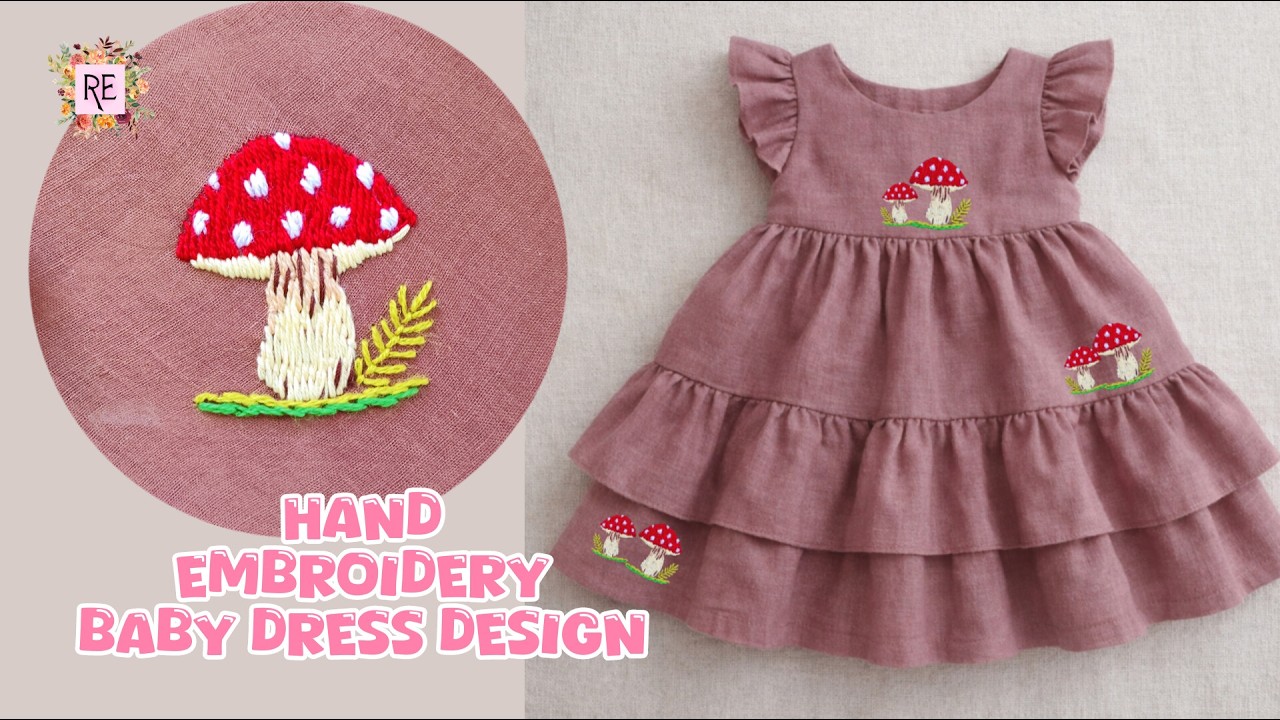 Hand embroidery baby dress design, Mushroom embroidery on baby dress ...