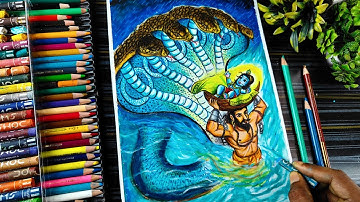 Krishna Janmaastami Drawing, Bal Krishna Vasudeva Drawing With Seshnag, Colour Step by Step Tutorial