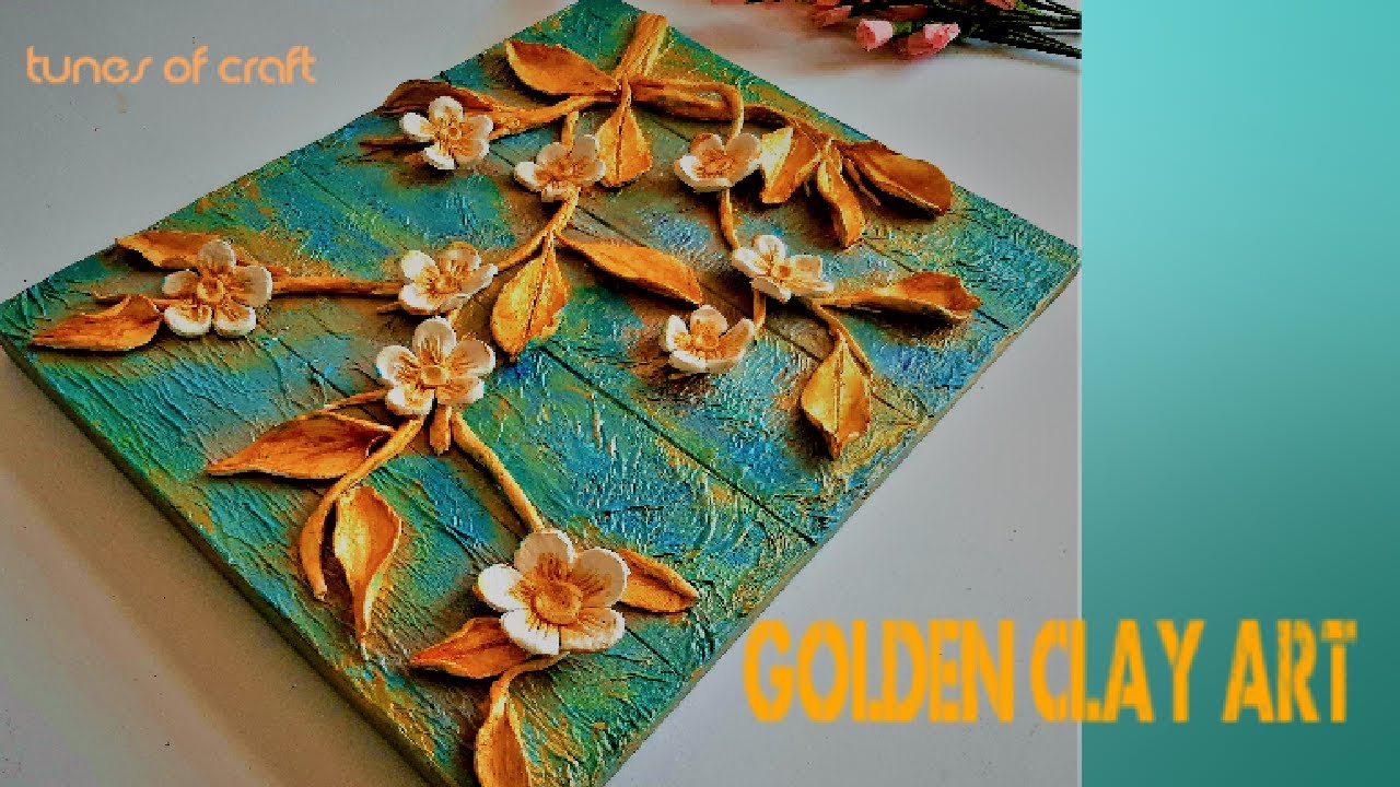 stunning-golden-3d-clay-art-on-canvas-air-dry-clay-diy-wall