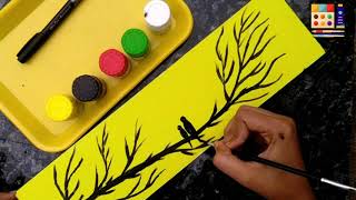 how to draw sparrow painting on wooden ply with poster colours | water colours