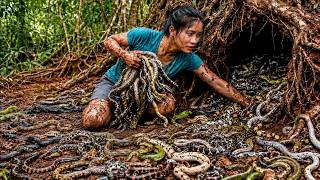 72 Hours Full Process 🔥 Girl Found A Hidden Snake Nest Inside Ancient Tree Roots | No Escape!