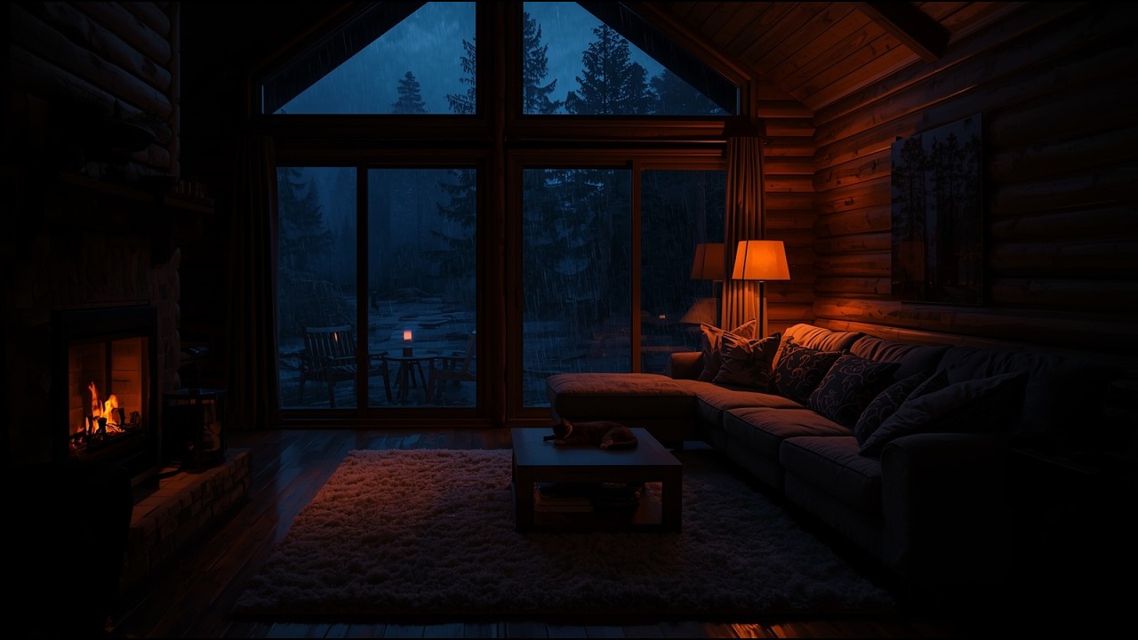 Heavy Rain Night & Fireplace Ambience for Deep Sleep 🌙 Cozy Cabin Rain ...