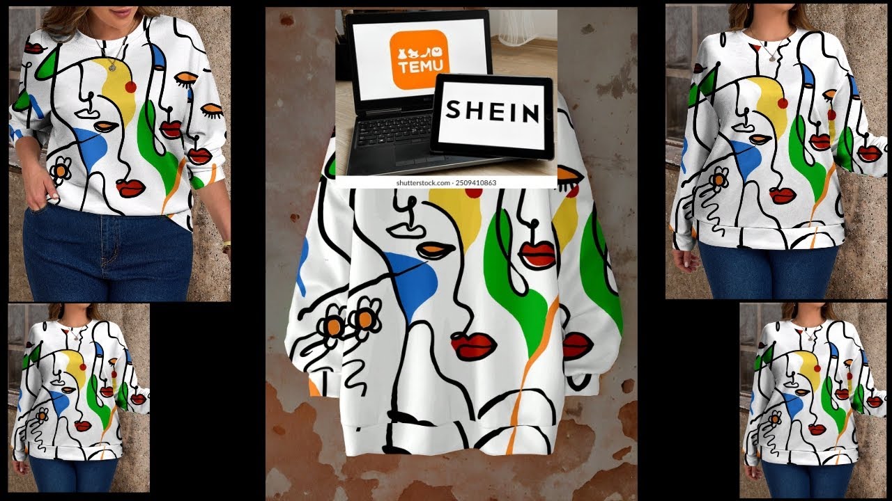  WOMEN FASHION CASUAL ABSTRACT FACE PRINT LOOSE CREW NECK PULLOVER SWEATSHIRT 