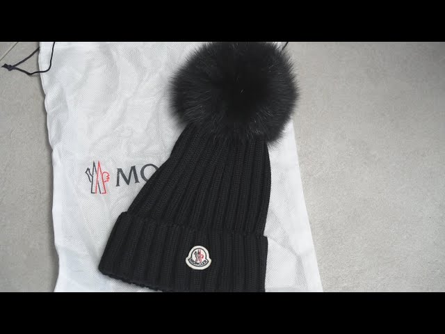 Moncler Knit Cap Hat Blue Fox Pom-pom Black Women UNBOXING 