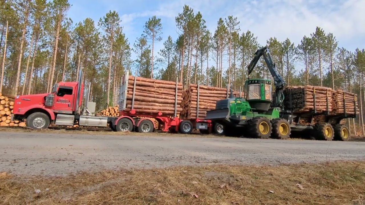John Deere 1510g loading pulpwood and John Deere X750 XLT dozer doing forest road work