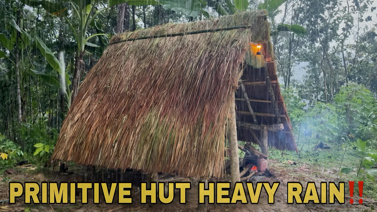 Father & Son Bushcraft in Heavy Rain – Building a Primitive Hut from Wood & Thatched Roof‼️