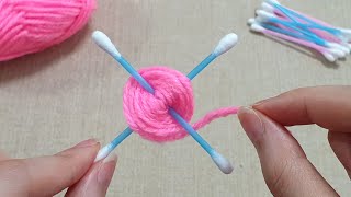 Super Easy Woolen Flower Making Trick With Cotton Bud - Hand Embroidery Design - Amazing Sewing Hack