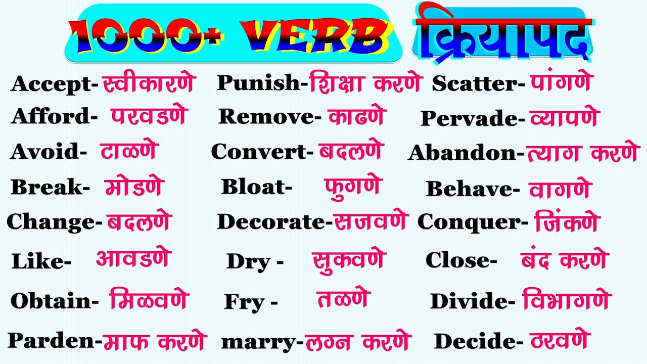 1000+ Verb English To Marathi १०००+ क्रियापदे १ Learn English