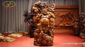 Tượng gỗ: Di lặc ngũ phúc vác cành đào gỗ hương ta siêu nét | xưởng_tượng_gỗ