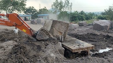 Tata Hitachi Machine Granite Block Loading in Trailer| Heavy Stone Loading Work| Quarry Machine Work