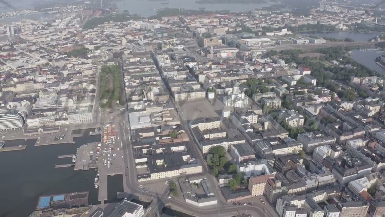 D-Log. Helsinki, Finland. City center aerial view. Helsinki Cathedral. Senate square. Market Square,