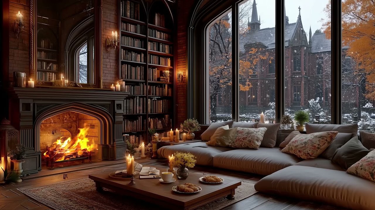 Soft Piano and Crackling Fireplace in a Quiet Winter Forest Night with Gentle Falling Snow