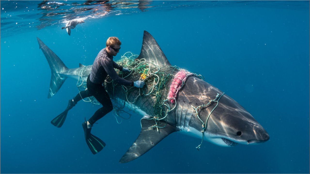 Saving a Giant Great White Shark – Marine Team Removes Deadly Net!