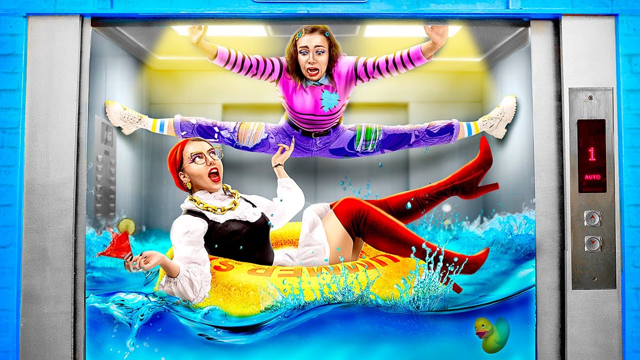 엘리베이터의 비밀의 방을 지었어요! 부자 vs 가난한 소녀가 엘리베이터에 갇혔어요