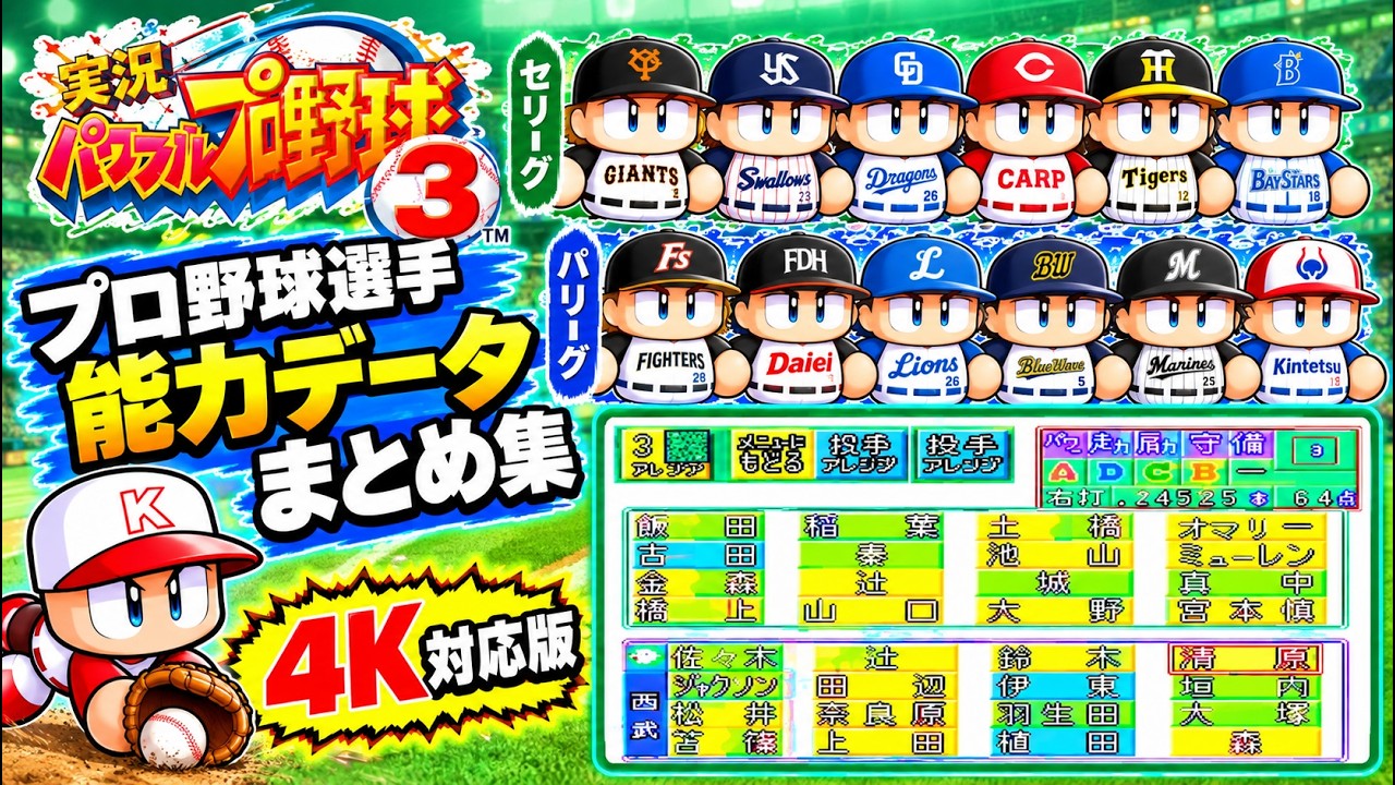 パワプロや野球(*´▽｀*) パワプロ3】実在プロ野球選手能力データまとめ集【12球団版】 - YouTube
