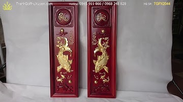 Tranh Cá Chép Lý Ngư Vọng Nguyệt Gỗ Hương Dát Vàng 1m