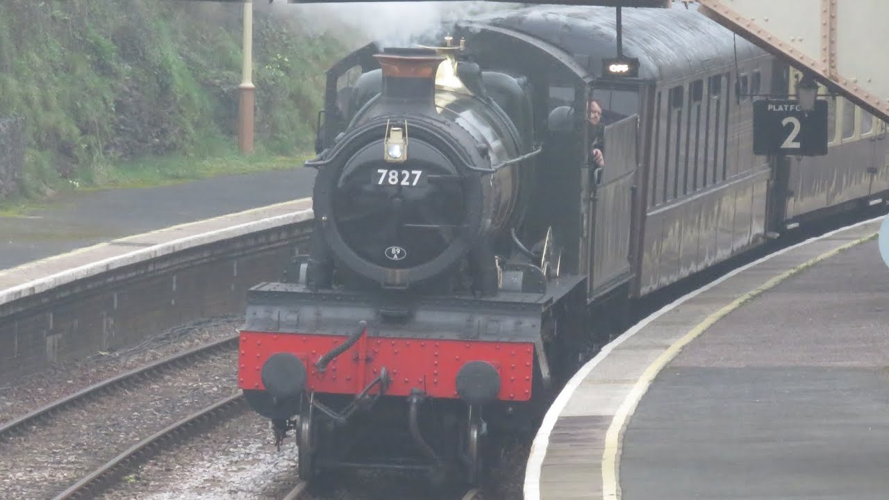 Lydham Manor 7827 Chuffing along the Dartmouth steam railway - 150221+150363 arriving into Paignton
