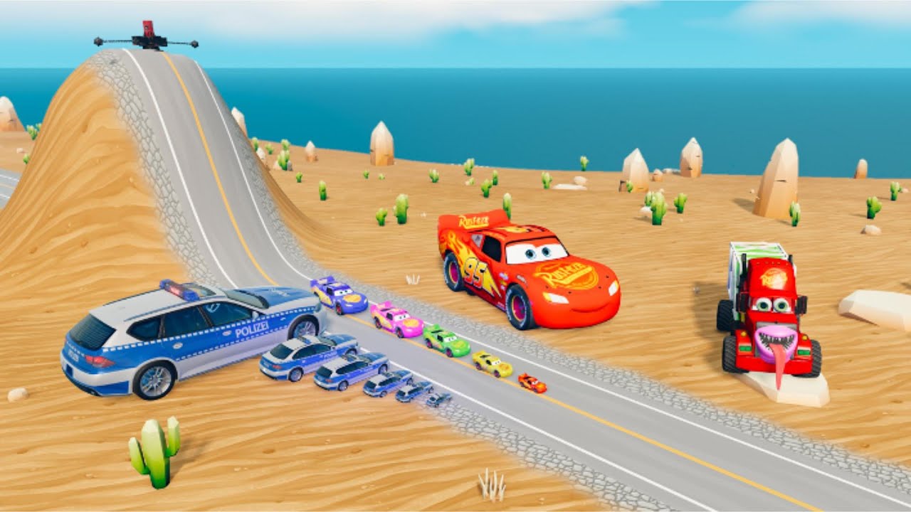 Big & Small McQueen & Police Car vs Zombie Mack, Giant Pit & Mega Ramp Downhill Race – BeamNG.drive