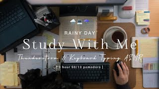 3 HOUR STUDY WITH ME on a RAINY NIGHT ☂️ study ASMR ambience 🌧️ background noise | pomodoro 50/10