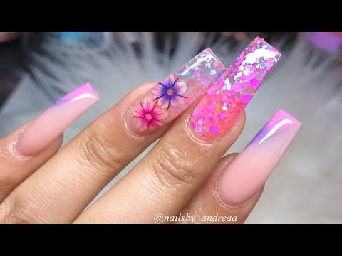 Pink &amp; Purple Acrylic Nails 🌸💜✨ | Encapsulated Flowers | Acrylic Nails Tutorial